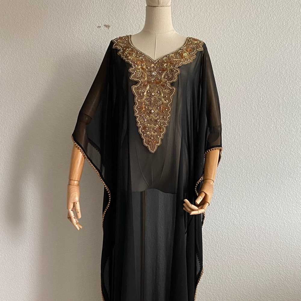 Elegant Black Sheer Kaftan with Gold Embroidery